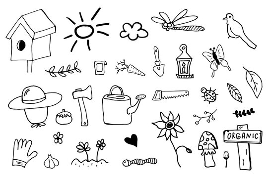 Vector set with hand-drawn isolated doodles on the theme of the garden, garden tools, agriculture