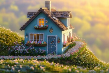 A quaint cottage house perched on a hill, adorned with Easter decorations. The exterior is a soft...