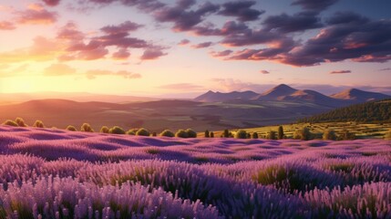 Beautiful lavender flower blooming field at sunset. Golden hour. AI Generated 