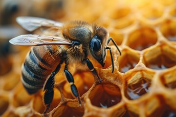 A membranewinged insect pollinating a honeycomb, surrounded by its fellow honeybees in the macro world of the apiary, as it battles against pests and other arthropods to protect its precious honey