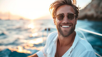 A young handsome man sails on a luxury yacht in the ocean - obrazy, fototapety, plakaty