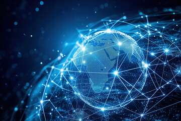 Planet Earth at center of luminous telecommunication network digital connections global communication AI Generative