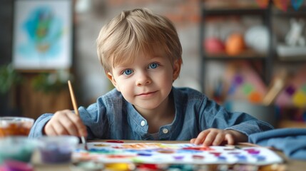 a young artist paints a picture with a cute Easter bunny using watercolor paints