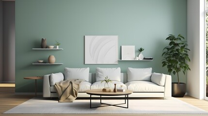 A minimalist living area with a white modular sofa, a geometric patterned rug, and a statement wall painted in a soothing mint green, exuding simplicity and elegance.