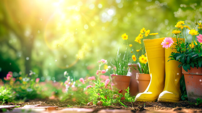 Gardening banner background with yellow boots ,  tools  and flowerpots in day sunny spring or summer garden