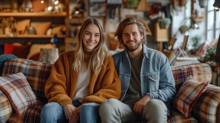 Fototapeta na wymiar a young couple buys a used sofa in a used goods store.