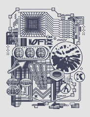Retro futuristic poster. Streetwear abstract print with retro graphic people brain, wireframe 3D object, with pixel bitmap dither effect. Vector print for clothing