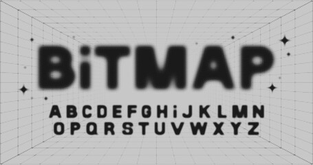 Halftone bitmap font. Blurred alphabet with dots. Vector