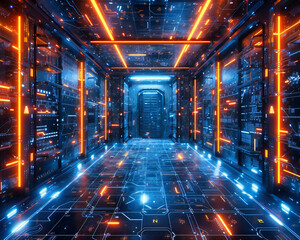 Futuristic Server Room, Digital Networking and Data Center Concept, Blue Technology Background