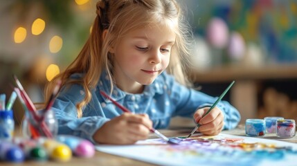 a young artist paints a picture with a cute Easter bunny using watercolor paints