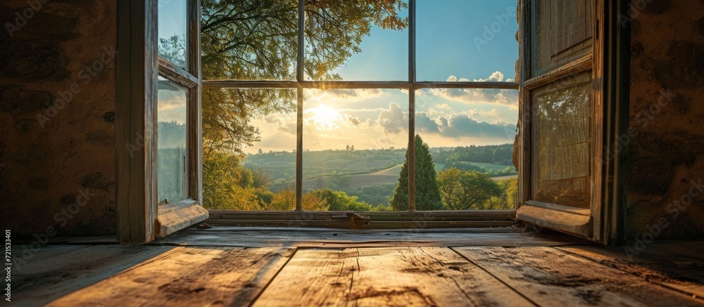 Sticker stunning view through a window: captivating window view brings spectacular scene into focus