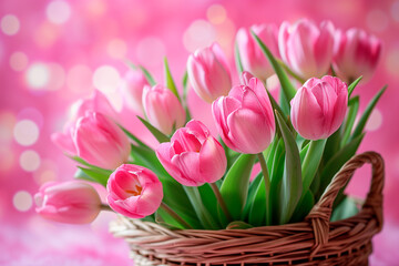 Fototapeta premium Basket of pink tulip flowers on a pink background