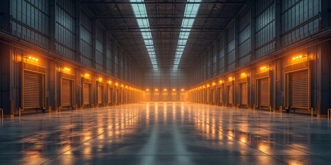 A large warehouse with a wide, modern and neat central aisle. Modern large storehouse.