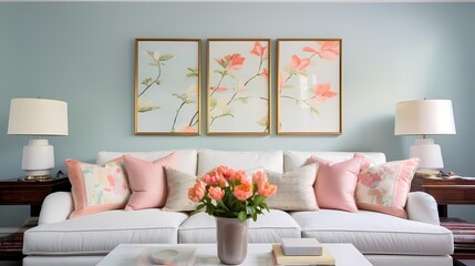 A fresh and inviting living room with soft pastel blue walls, a white slipcovered sofa, and a collection of colorful throw pillows, creating a serene and comfortable atmosphere.