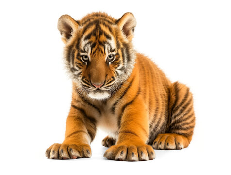 tiger cub sitting isolated on white transparent background, png