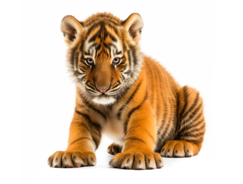 tiger cub sitting isolated on white transparent background, png