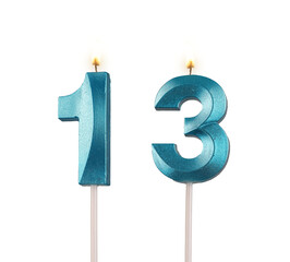 13 birthday, number candles with light, isolated on white background, transparent png