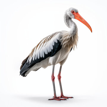 A detailed High quality, portrait image of a Storke bird placed on a white background.