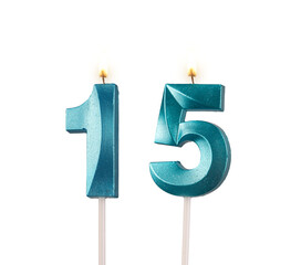 15 birthday, number candles with light, isolated on white background, transparent png
