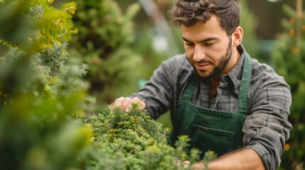 A young handsome gardener in a dark green apron trims a thuja into a round shape