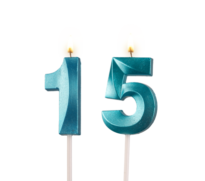 15 birthday, number candles with light, isolated on white background, transparent png