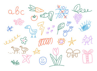 Hand drawn colored set of simple decorative elements. Various icons such as hearts, stars, speech bubbles, arrows.