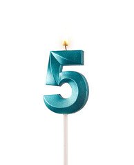 5 birthday, number candles with light, isolated on white background, transparent png