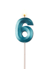 6 birthday, number candles with light, isolated on white background, transparent png