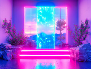 Futuristic Neon Light Room, Vibrant Blue and Pink Glowing Space, Abstract Club or Stage Design