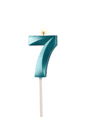 7 birthday, number candles with light, isolated on white background, transparent png