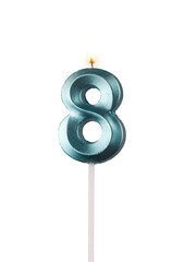 8 birthday, number candles with light, isolated on white background, transparent png