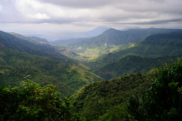 Naklejka premium Black River Gorge Viewpoint with Lush Green Rainforest Valley in Mauritius