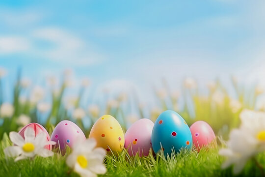 digital image of an Easter background with colored eggs lying in a clearing in the grass with white flowers, copy space