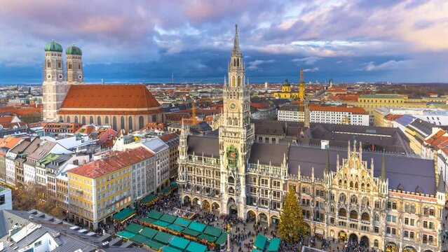 Munich marienplatz sqaure skyline aerial view at winter, munich christmas market, munich germany tonw hall cathedral frauenkirche.