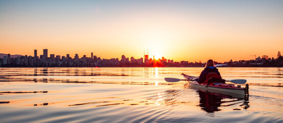 Kayaking in Downtown Vancouver Sunrise. BC, Canada