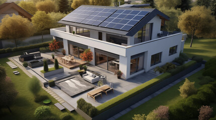Eco-Friendly Living: Modern Sustainable House with Solar Panels and Green Garden