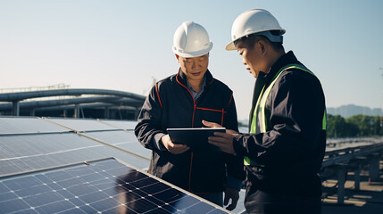 Medium shot of two electrical workers reviewing documents on a tablet during an inspection inbetween long rows of photovoltaic solar panels