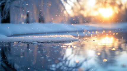 Delightful beautiful winter landscape with blurred falling snow , water against sunlight at dawn. Wallpaper. Horizontal.