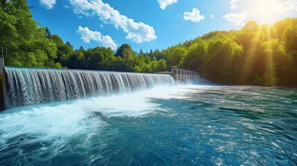 Beautiful background with a water hydro station on the river. Sunny summer day - obrazy, fototapety, plakaty