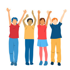 Obraz premium Set of boys and girls , profile, hands up,different colors, cartoon character, group of silhouettes of standing people, teenagers, design concept of flat icon, isolated on white background