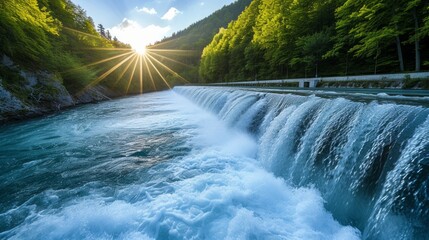 Beautiful background with a water hydro station on the river. Sunny summer day - obrazy, fototapety, plakaty