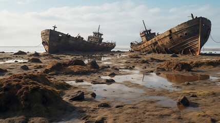 Ship graveyard old wrecks on the shore of the sea maritime old ships