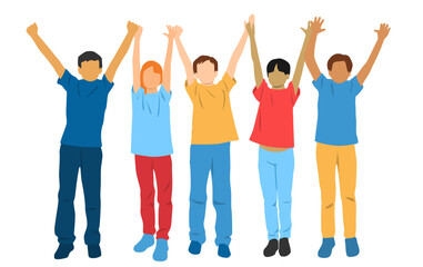  Set of boys and girls , profile, hands up,different colors, cartoon character, group of silhouettes of standing  people, teenagers, design concept of flat icon, isolated on white background