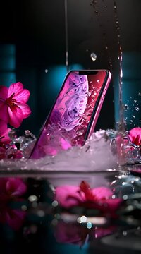 Phone with splashing water, fell into the water, flowers around on dark background