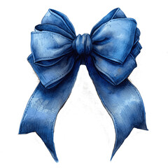 blue ribbon and bow in watercolor painting style isolated against transparent background