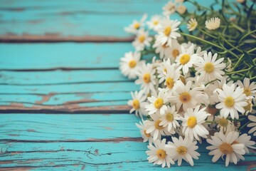 Obraz premium White daisies on a blue wooden background