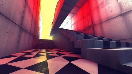 Futuristic concrete brutalist corridor with red lighting