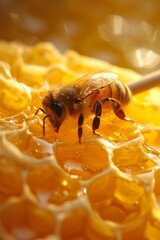 Macro shot of a honeybee on a glistening honeycomb