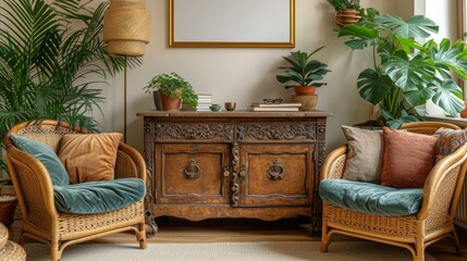 Two vintage wicker chairs in a living room with indoor plants and a wooden cabinet