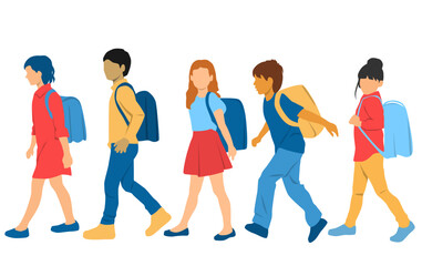 Set of boys and girls walking with backpack, profile, different colors, cartoon character, group of silhouettes of walk people, students, teenagers, design concept of flat icon, isolated on white 